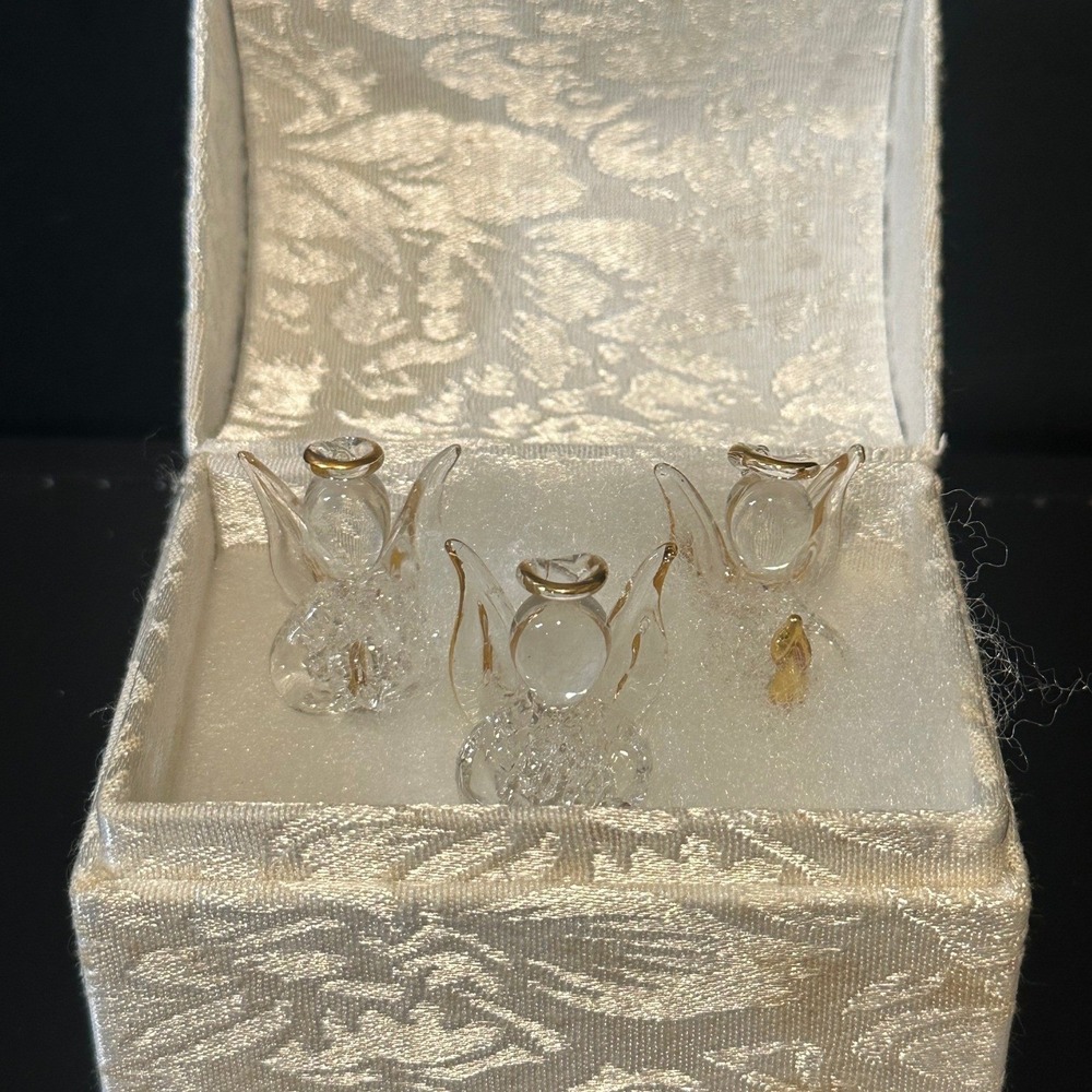 Vintage Spun Glass Angel Figurines Set of 3 Gold Trim Miniature‎ Christmas Decor